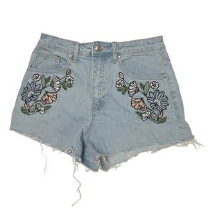 Forever 21 Floral Embroided High Waisted Jean Shorts